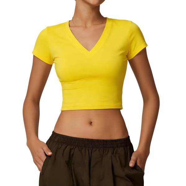 Bright Yellow V-Neck Short Sleeve Crop Top